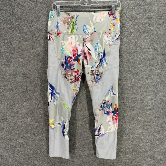 Avia Activewear Leggings Women M Medium Gray Floral MId Rise Capri Pull On - Picture 1 of 5